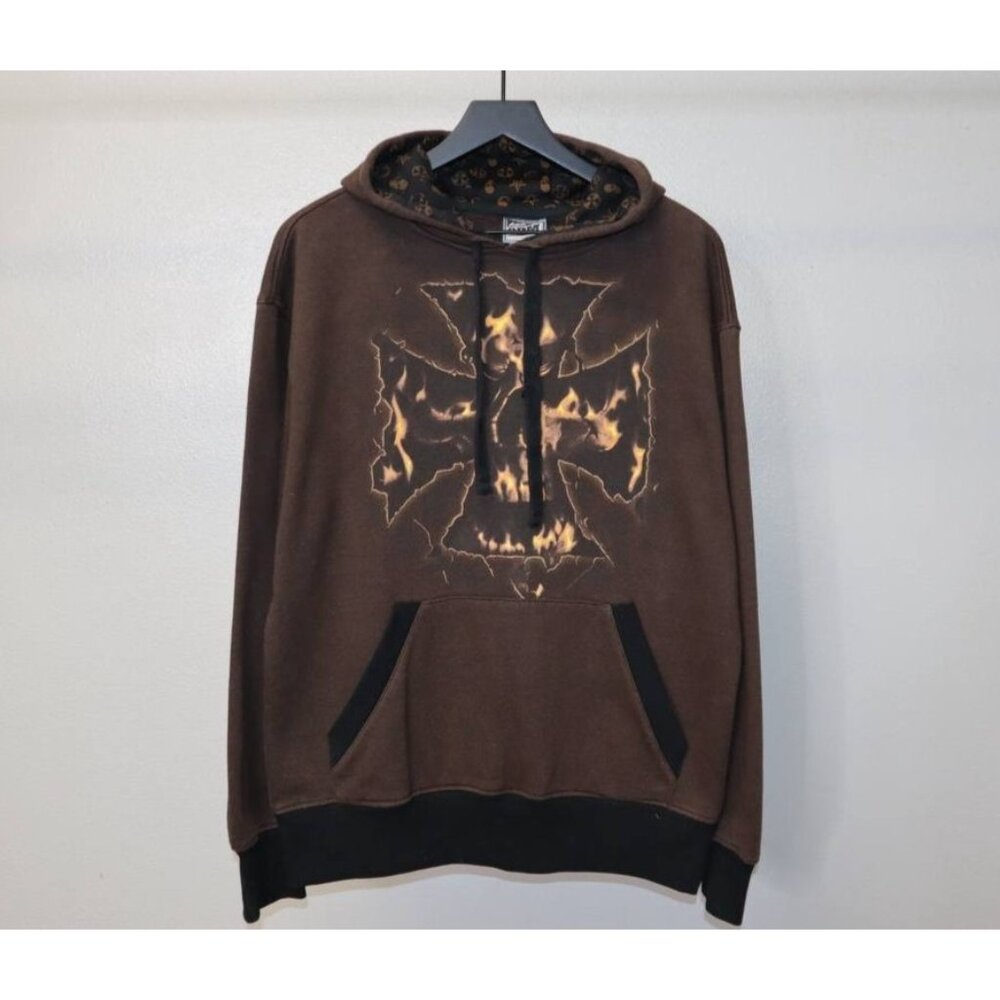 Vintage ODM Men's M Skull Hoodie Grunge Y2K Brown Cotton Pullover 2000s
